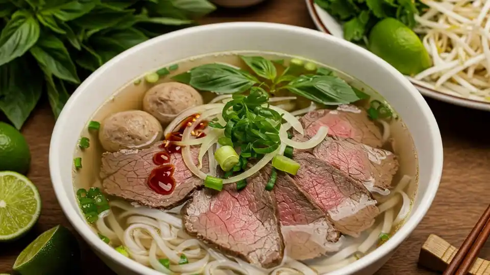 A close-up of a delicious bowl of pho